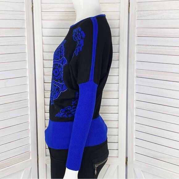 Laura Petites Mandala Print Rhinestone Colorblock Sweater Black Blue XS - Picture 2 of 12
